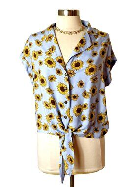 NoBo Womens XL Sunflower Button-Up Top Tie-Front Light Blue Boho Festive Resort